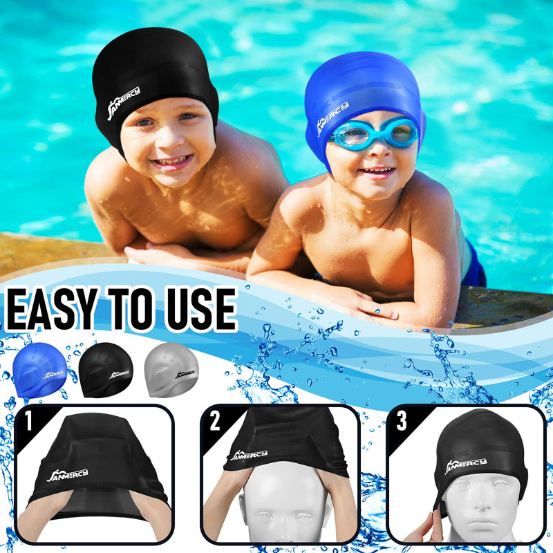 3 Pieces Swim Caps for Kids with 3D Ear Pocket, Swimming Cap Silicone Bathing Swimming Caps with 2 Pairs Ear Plugs Nose Clip for Women Men Kids Teens Adults - BeesActive Australia