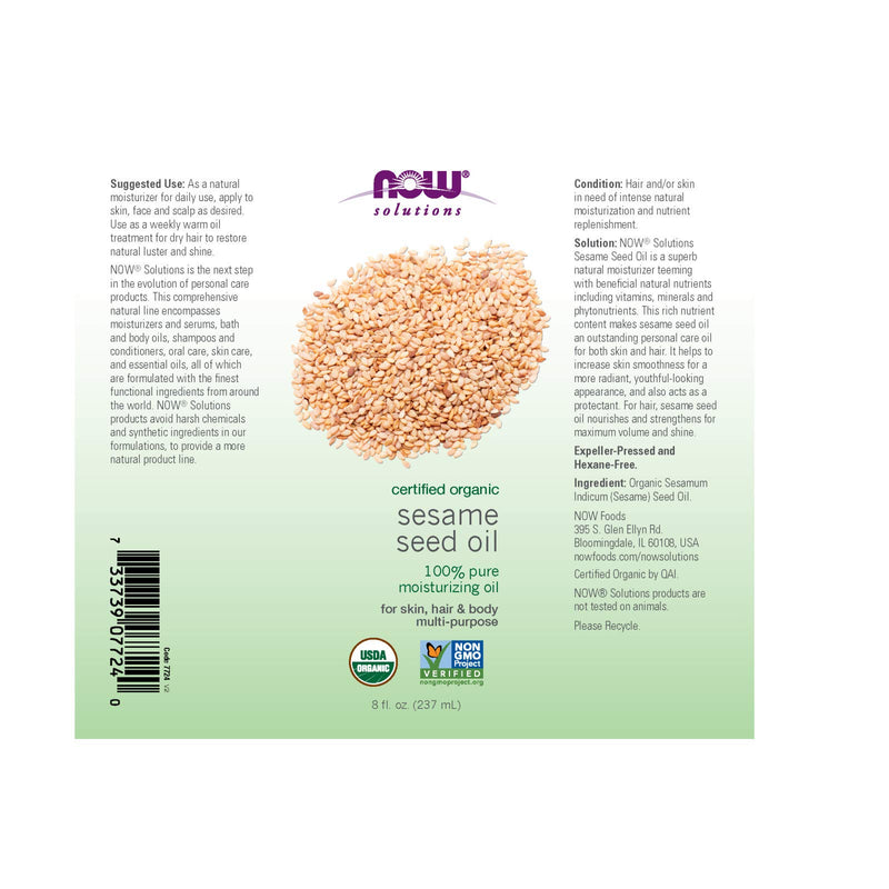 NOW Solutions, Organic Sesame Seed Oil, 100% Pure Moisturizing Oil for Skin and Hair, with Vitamins, Minerals and Phytonutrients, 8-Ounce - BeesActive Australia