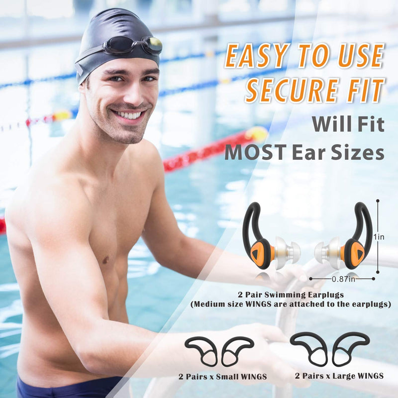 [2 Pairs] Ear Plugs for Swimming, Hearprotek Swim Ear Plugs Adults-Waterproof Silicone Water earplugs for Men Women Juniors Swimmers Pool Shower Bathing (Orange) Orange - BeesActive Australia