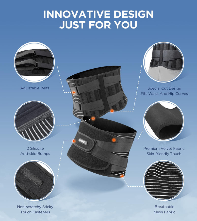 CAMRIER Back Brace for Lower Back Pain Relief with 3D Lumbar Pad, 6X Back Support Belt With Alternative Strips for Men/Women, Soft Breathable Mesh Fabric Lumbar Support for Herniated Disc, Sciatica Large Black - BeesActive Australia