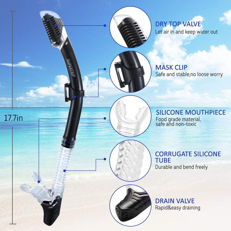 [AUSTRALIA] - Supertrip Dry Snorkel Adult-Scuba Diving with Splash Guard and Top Valve,Freediving Snorkeling Swimming for Adults and Youth Black(new) 