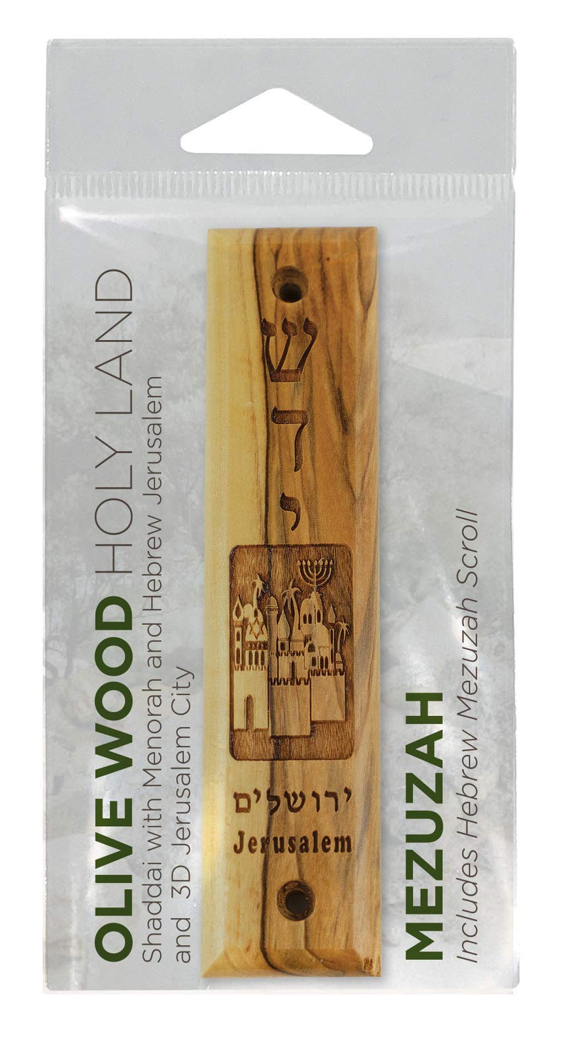 Logos Trading Post Olive Wood Mezuzah with Scroll, Religious Home Decor for Door & Wall, Includes Parchment Prayer Scroll, Jewish & Messianic House Wall Art,Shaddai and Jerusalem City , ow-184 Shaddai and Jerusalem City - BeesActive Australia