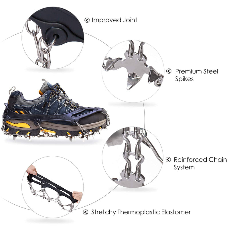 Crampons Ice Cleats Traction Snow Grips for Boots Shoes Women Men Kids Anti Slip 19 Stainless Steel Spikes Safe Protect for Hiking Fishing Walking Climbing Mountaineering Medium Black - BeesActive Australia