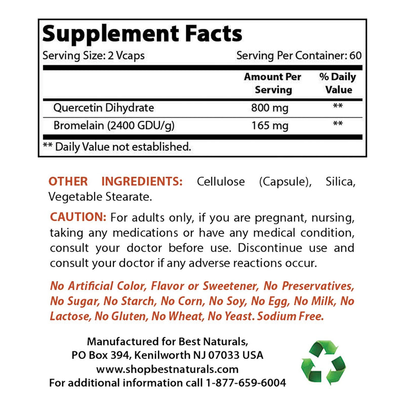 Best Naturals Quercetin with Bromelain Veggie Capsule - 800mg of Quercetin & 165 mg of Bromelain (2400 GDU/g), 120 Count 120 Count (Pack of 1) - BeesActive Australia