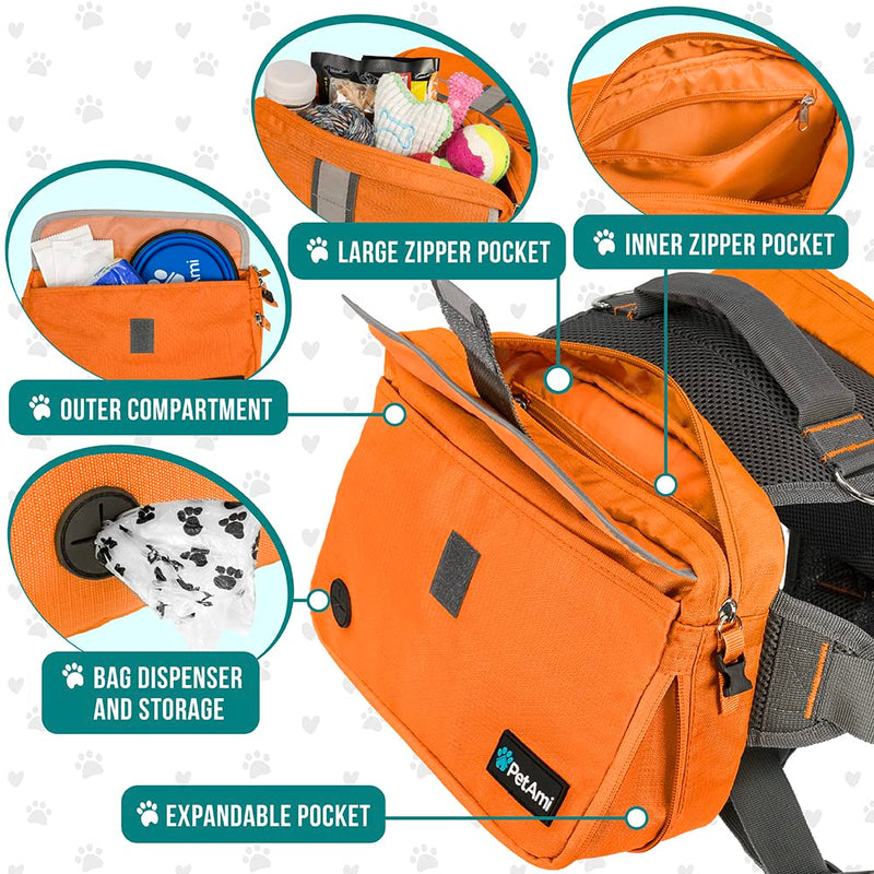 PetAmi Dog Backpack for Medium Large Dogs, Dog Saddle Bag for Dogs to Wear, Harness Saddlebag with Reflective Safety Side Pockets for Hiking, Camping, Vest Dog Pack for Travel Orange - BeesActive Australia
