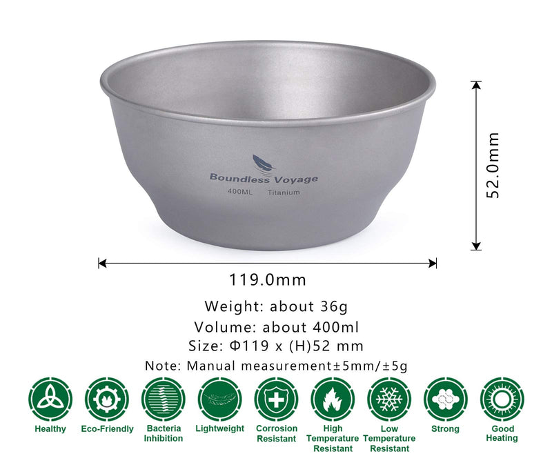 Boundless Voyage Ultralight Titanium Bowl Pan Plate Dish with Carry Bag Outdoor Camping Portable Tableware Cookware ((400ml Bowl)-Ti15163B) (400ml Bowl)-Ti15163B - BeesActive Australia