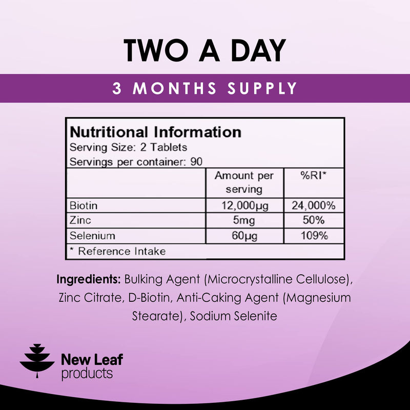 Biotin Hair Growth Vitamins 12,000mcg - Enriched with Zinc & Selenium � Hair Skin & Nails Vitamins for Women and Men -180 Vegan High Strength Hair Vitamins Biotin Tablets Complex -UK Made by New Leaf 90 Count (Pack of 1) - BeesActive Australia