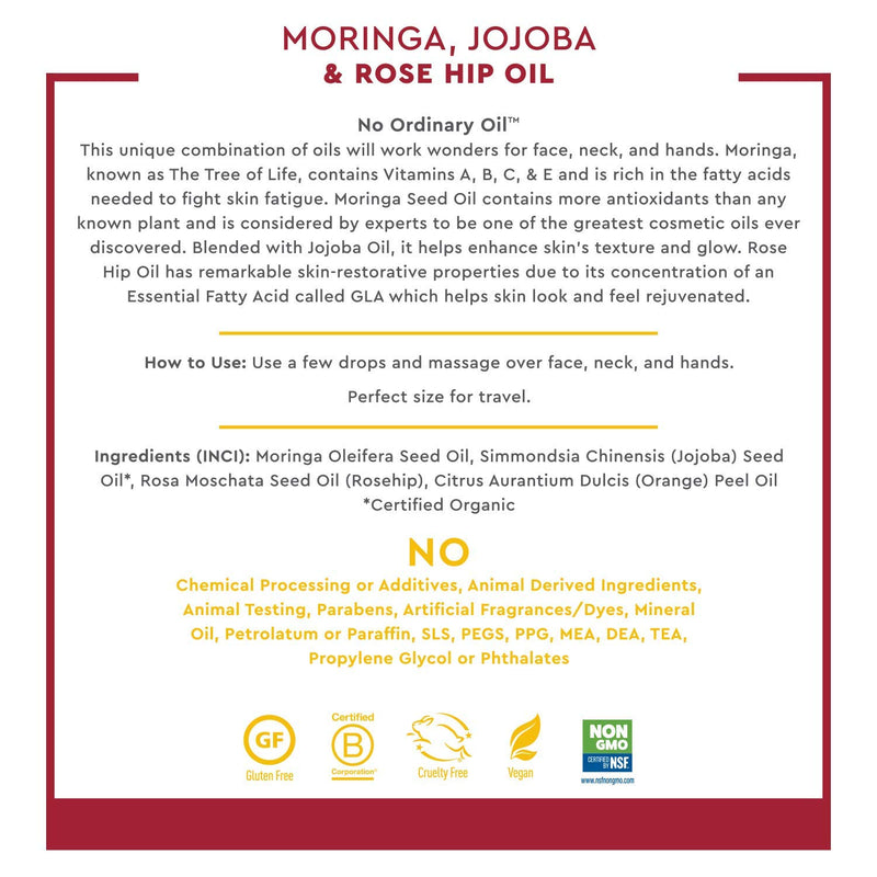 Desert Essence Moringa, Jojoba and Rosehip Oil - 2 Fl Oz - Enhances Skin Texture & Glow - Skin Restoration - May Help Stretch Marks - For Face, Neck, Hands - Vitamins A, B, C, E with Antioxidants - BeesActive Australia