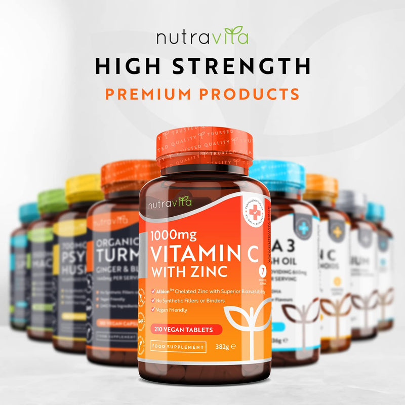 Vitamin C and Zinc Tablets - High Strength Vitamin C 1000mg with Albion� Zinc 15mg for better Absorption - 7 Month Supply - Vit C Zinc Supplements for Normal Immune System - 210 Vegan Tabs - Nutravita - BeesActive Australia