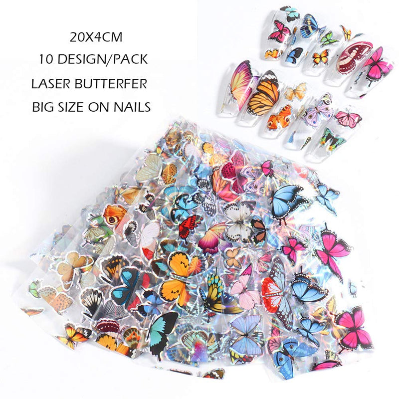 Butterfly Nail Foils Nail Art Transfer Stickers Laser Colorful Butterflies Nail Art Foil Stickers Summer Decor Starry Sky Nail Adhesive Decals for Nails Supply Manicure Tips Wraps Decorations (10pcs) - BeesActive Australia