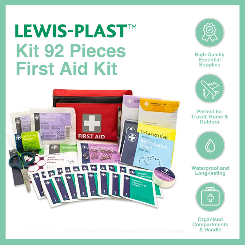 Lewis-Plast Premium 92 Piece First Aid Kit - Safety Essentials for Travel, Car, Home, Camping, Work, Hiking & Holiday Red , Small - BeesActive Australia