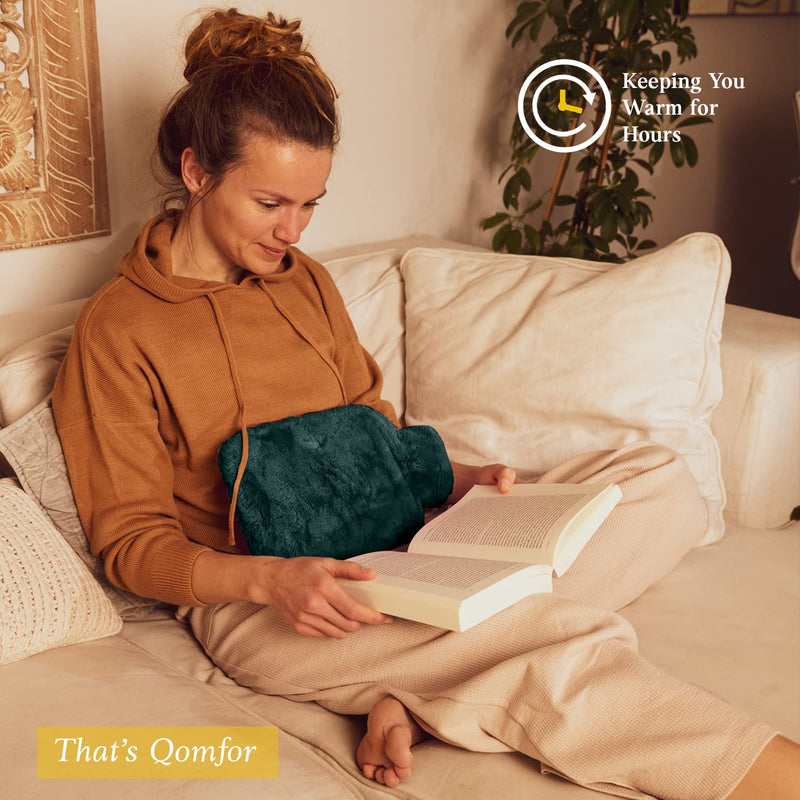 Qomfor Hot Water Bottle with Fluffy Cover - Soft Premium Faux Fur Cover - 1.8l Large Capacity - Hot Water Bag for Cosy Nights, Pain Relief, Back, Neck and Shoulders - Great Gift for Women (Green) Green - BeesActive Australia