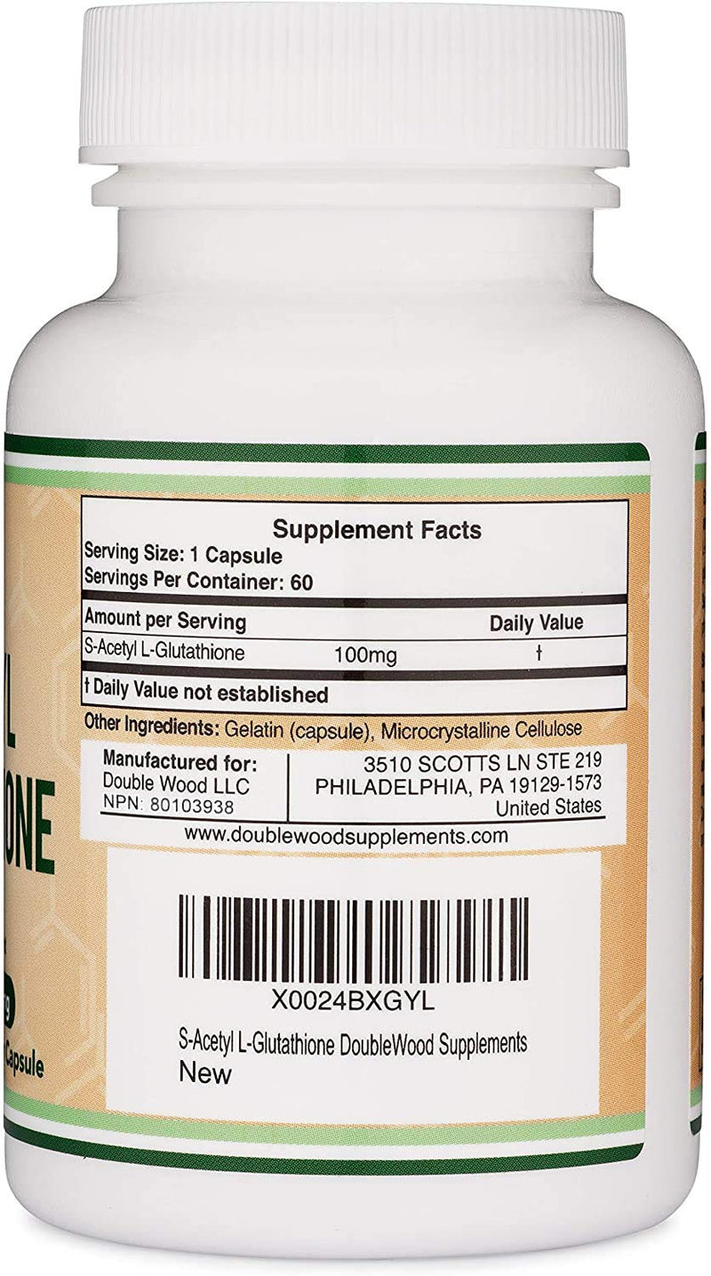 S-Acetyl L-Glutathione Capsules - 100mg, Manufactured and Tested in The USA, 60 Count (Acetylated Glutathione Antioxidant - More Absorbable Than Glutathione and Liposomal Glutathione) by Double Wood - BeesActive Australia