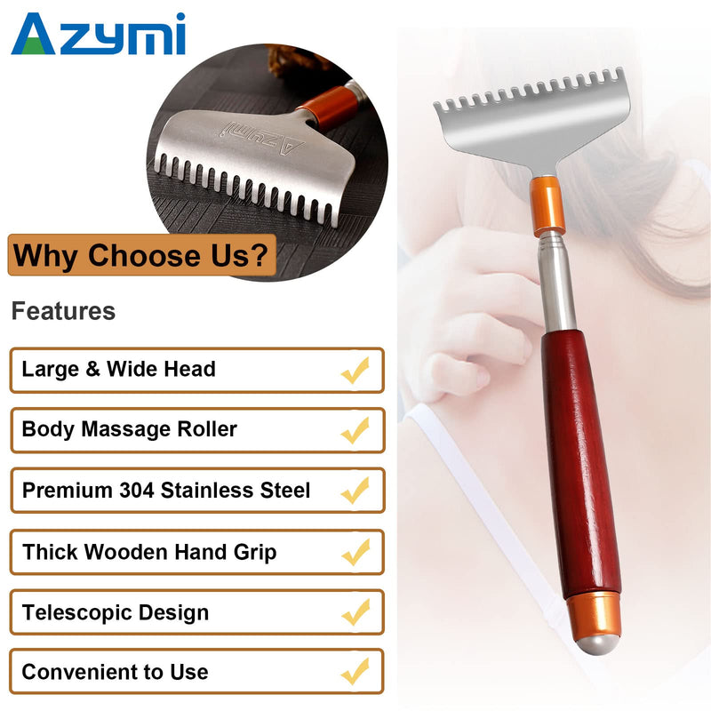 Long Back Scratcher, Azymi Telescopic Back Scratcher for Men Women 24Inch with Wood Handle- Massage Roll, Upgraded Wide Steel 15-Tooth Head, Compact Sturdy Metal Hand Back Scratchers Massager L - BeesActive Australia
