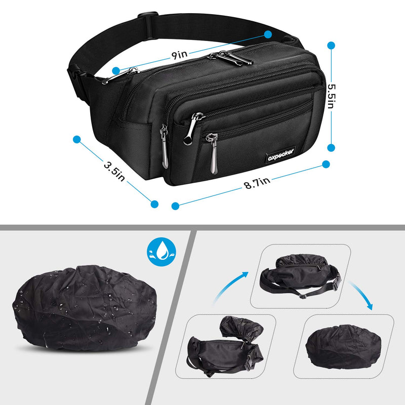 [AUSTRALIA] - Oxpecker Waist Pack Bag with Rain Cover, Waterproof Fanny Pack for Men&Women, Workout Traveling Casual Running Hiking Cycling, Hip Bum Bag (black) black 