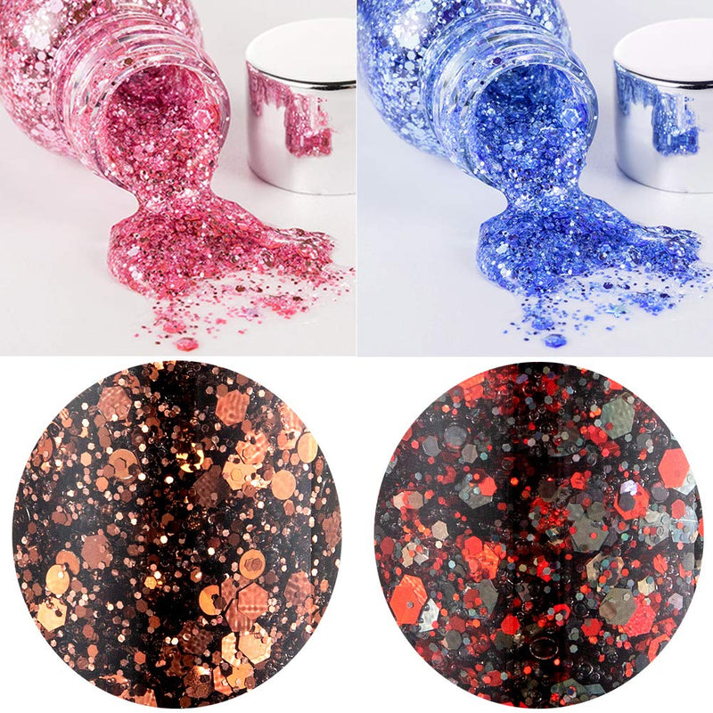 Holographic Body Glitter Gel Set 4 Colors Cosmetic Chunky Glitters Flakes Gel Colorful Mixed Paillette Gel for Festival Party Face Makeup, Body, Hair, Eye and Lips Shimmer Pink, Blue, Brown Set B - BeesActive Australia