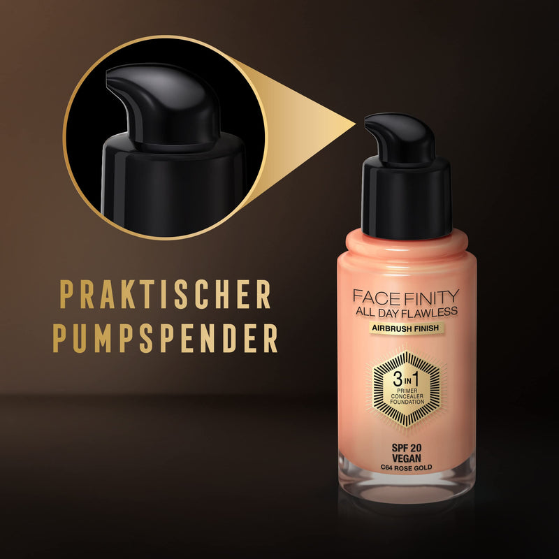 Max Factor Facefinity 3-in-1 All Day Flawless Liquid Foundation, SPF 20 - 64 Rose Gold, 30 ml 30 ml (Pack of 1) - BeesActive Australia