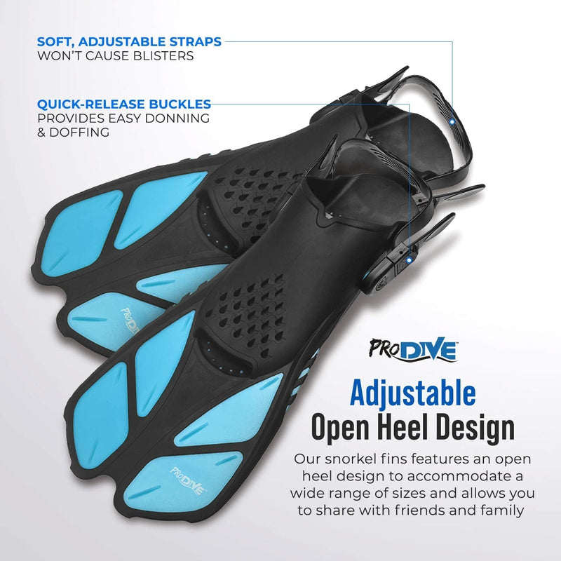 PRODIVE Snorkel and Swim Fins  Adjustable Open-Heel, Short-Blade Snorkeling and Diving Flippers Add Efficiency to Swimming and Diving  Sizes to Fit Men, Women and Kids  Compact and Great for Travel Aqua X-Small - BeesActive Australia