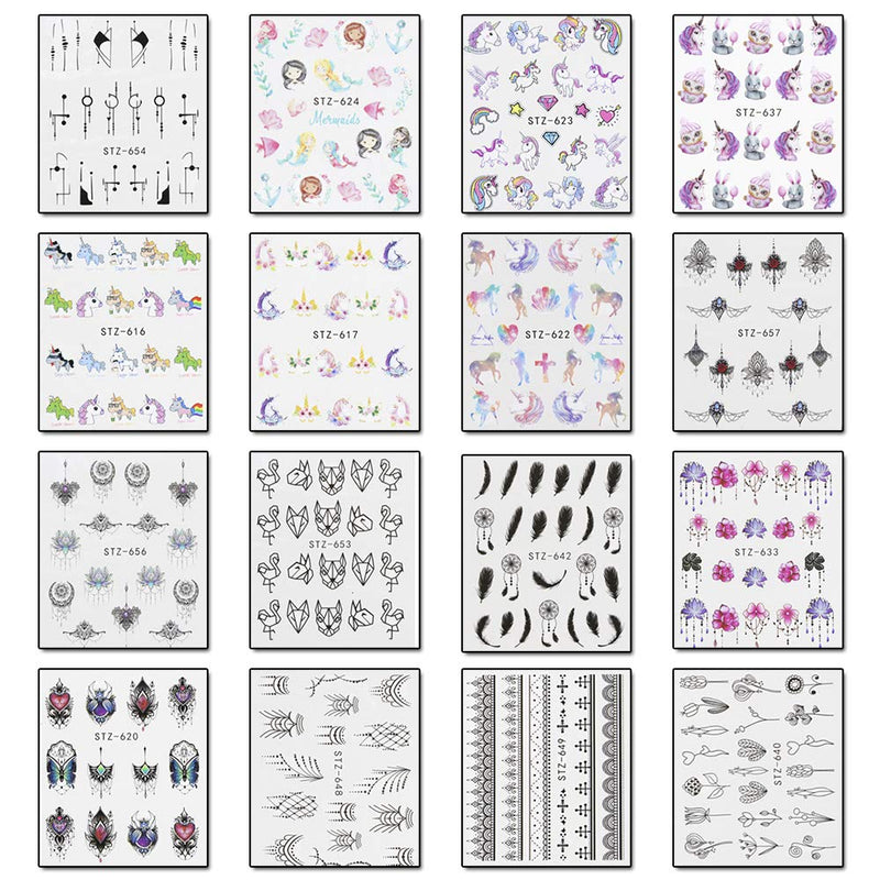 WOKOTO 40 Sheets Water Transfer Nail Art Decals With 1Pcs Tweezers Unicorn Flower Feather Nail Wraps Sticker Manicure Kits For Women KIT 1 - BeesActive Australia