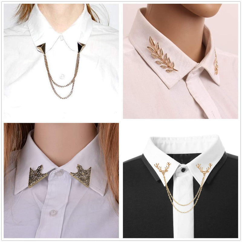 YouU 4 Pcs Deer Head Double Link Chains, Gold Stud, Retro Hollow Pattern and Angle Triangle Tassels Collar Pins Brooch Clip Pin Brooches Shirt Collar Decoration Parts with Free Box - BeesActive Australia