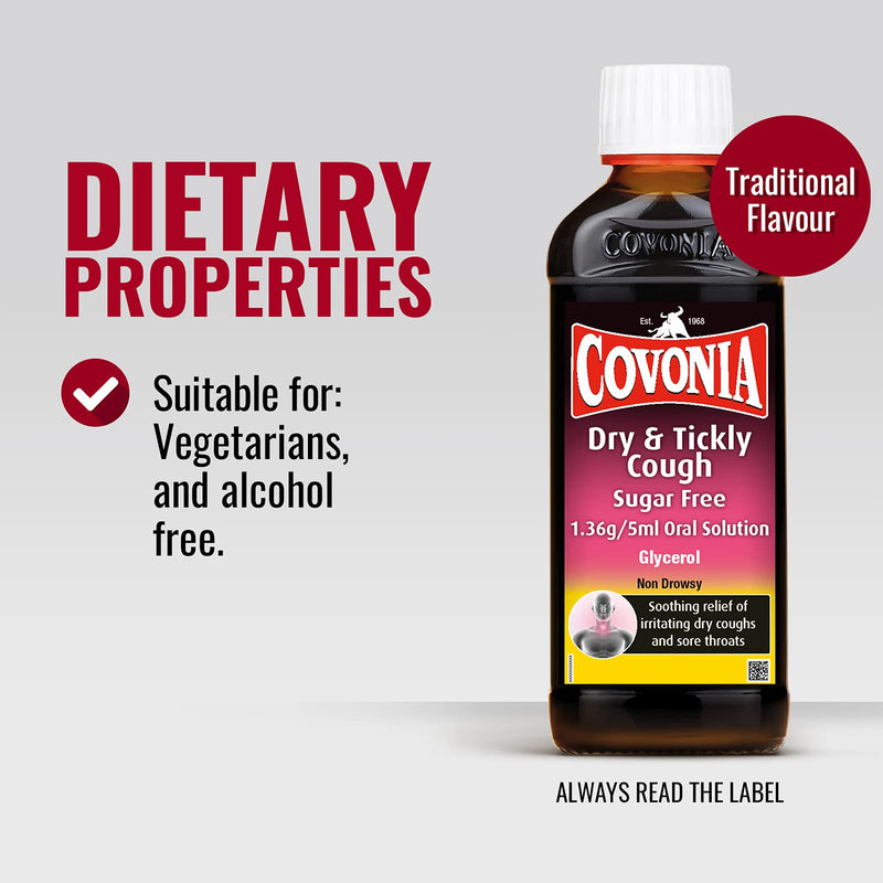 Covonia Dry Tickly Cough Sugar Free Oral Solution, Soothes The Symptoms Of Cough And Sore Throat, 150 ml 150 ml (Pack of 1) - BeesActive Australia