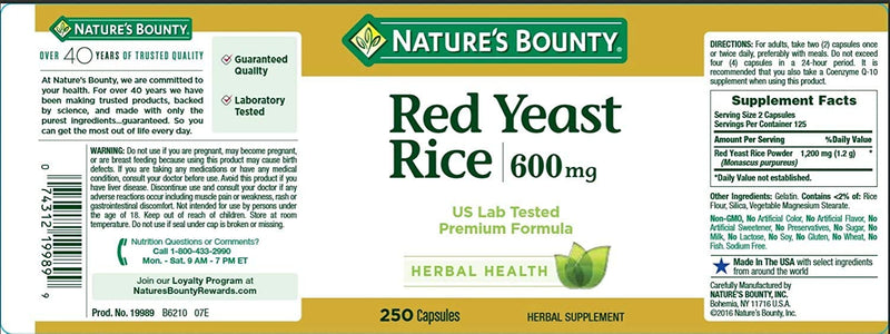 Nature's Bounty Red Yeast Rice Pills and Herbal Health Supplement, Dietary Additive, 600mg, 250 Capsules 250 Count (Pack of 1) - BeesActive Australia