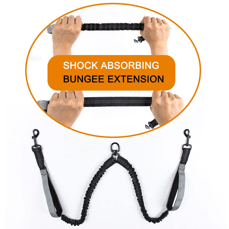 Alsol Lamesa Hands Free Double Dog Leash-Dual Handle Bungee Leash for Medium Dogs Walking,Running,Hiking and Jogging,360° Tangle Free Comfortable Reflective Leash Black - BeesActive Australia