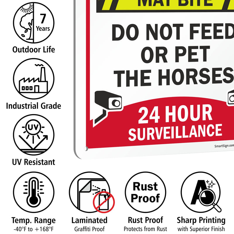 SmartSign 14 x 10 inch “Private Property - Horses May Bite, Do Not Feed Or Pet The Horses, 24 Hour Surveillance” Metal Sign, 40 mil Laminated Rustproof Aluminum, Multicolor - BeesActive Australia