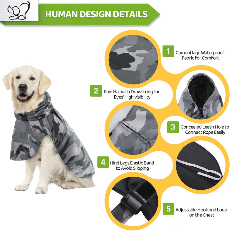 KOESON Dog Raincoat Waterproof Pet Rain Jacket, Reflective Adjustable Dog Rain Poncho Slicker with Leash Hole, Camouflage Lightweight Rainproof Hoodie Clothes for Medium Large Dogs Grey XX-Large Grey Camo - BeesActive Australia