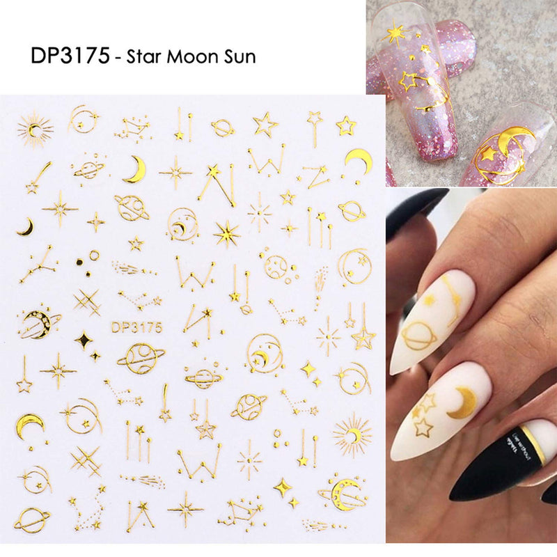 5 Sheet Golden Adhesive Nail Art Sticker Nail Love Star Smiley Space Series Bronzing Nail Applique Decoration Manicure Accessories DIY Set - BeesActive Australia