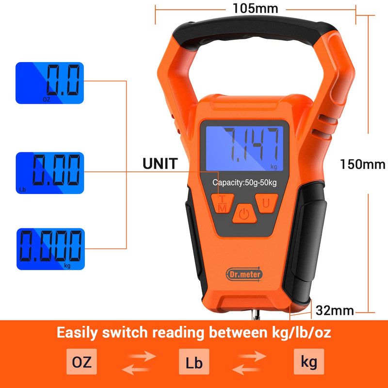 IPX7 Waterproof Fishing Scale, Dr.meter Upgraded YW-S068 110lb/50kg Backlit LCD Display Digital Hanging Scale with Bigger Handle and Hook, Built-in Tape, Battery Included - BeesActive Australia