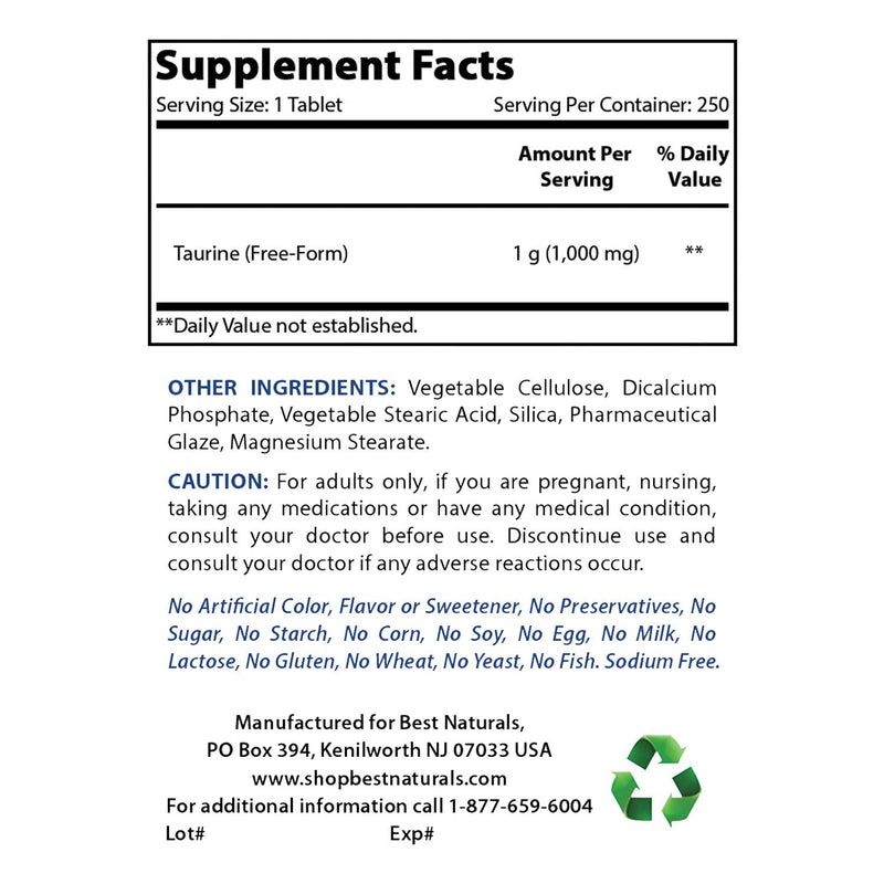 Best Naturals Taurine 1000 Mg Tablet, 250 Count (250 Count (Pack of 1)) - BeesActive Australia