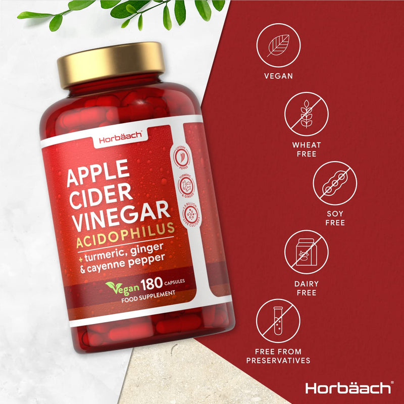 Apple Cider Vinegar Capsules | 1000mg | 180 Count | High Strength Complex with Probiotics | Vegan Supplement | by Horbaach - BeesActive Australia