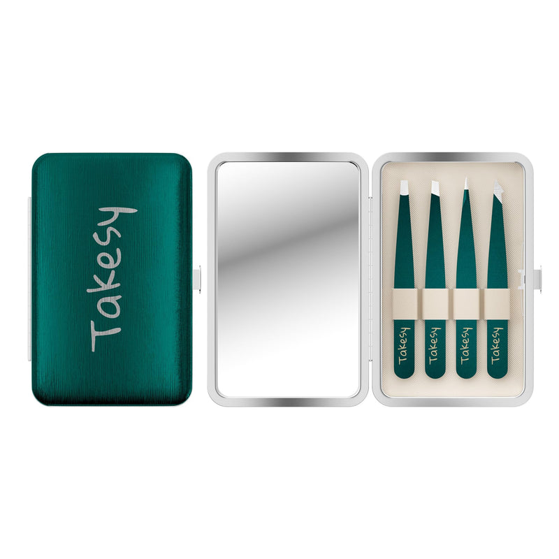 Takesy Professional Tweezers for Women Facial Hair Chin and Ingrown Hair, Travel Size Eyebrow Plucker Tweezers Set with Leather Mirror Case (Forest Green) Forest Green - BeesActive Australia