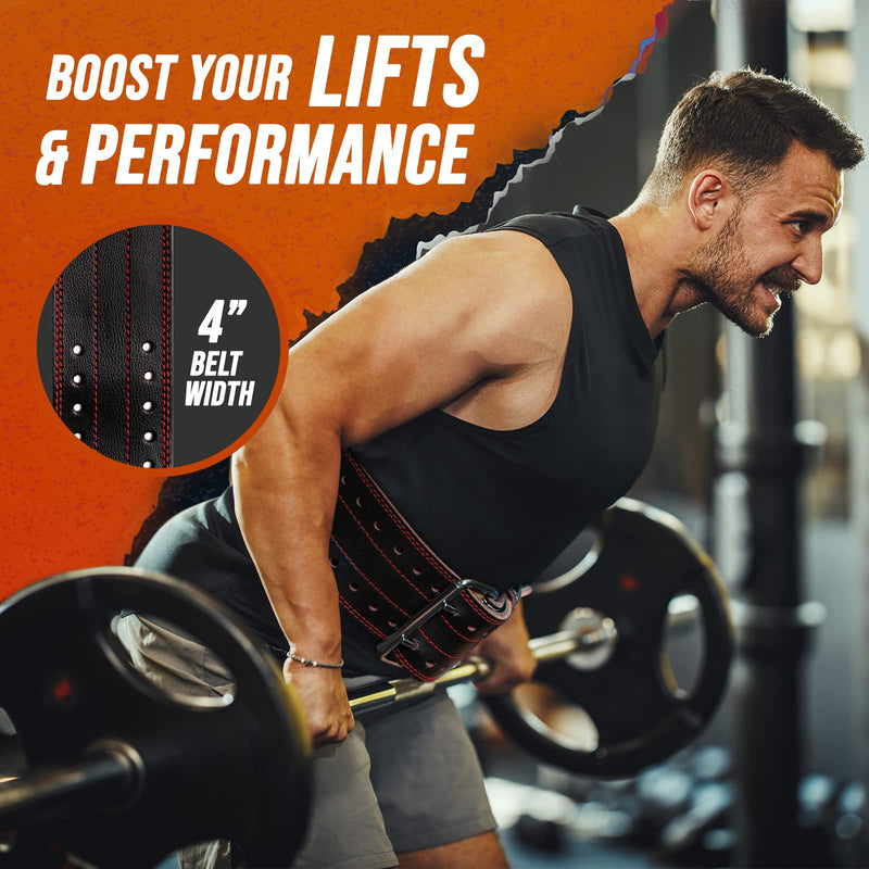 ProFitness Genuine Leather Workout Belt (4 Inches Wide) - Proper Weight Lifting Form - Lower Back Support for Squats, Deadlifts, Cross Training Black/Red Small 24"-32" (Waist size not pant size) - BeesActive Australia
