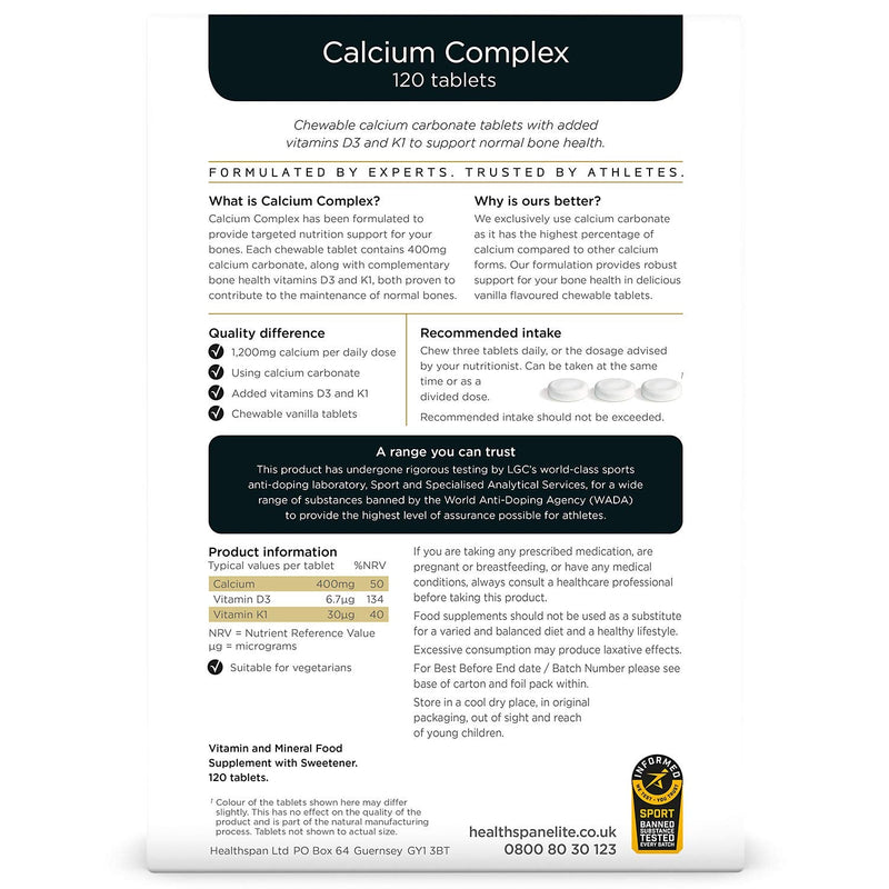 Healthspan Elite Calcium Complex 1,200mg | 120 Tablets | All Blacks Official Partner | Added Vitamin D3 and Vitamin K1 | Bone Health | Vanilla Chewable Tablets | Informed Sport Accredited | Vegetarian - BeesActive Australia