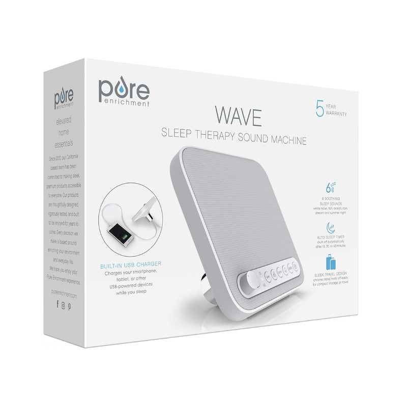 Pure Enrichment WAVE Premium Sleep Therapy Sound Machine with USB Charger - Seamless Looping with 6 Soothing All-Natural Sounds, and Auto-Off Timer - Easily Portable for Travel (White) Patented Design - BeesActive Australia