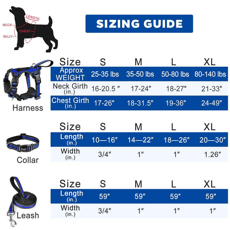 WINSEE Pet Harness Collar and Leash Set, All-in-one Reflective Dog Harness No Pull with Adjustable Buckles for Puppies, Small, Medium, Large, and Extra-Large Dogs Dark Blue - BeesActive Australia