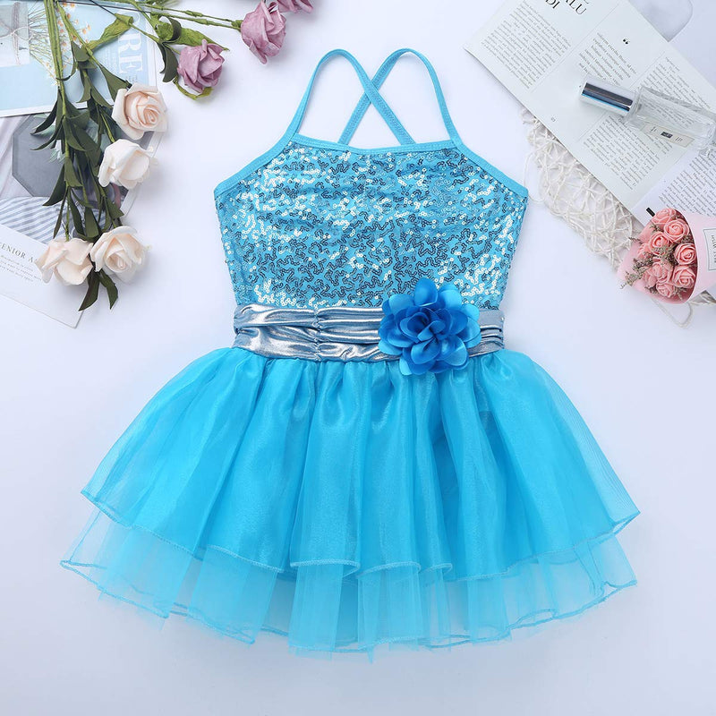 [AUSTRALIA] - inhzoy Girl's Sequins Shiny Criss Cross Straps Flowers Dancewear Ballet Leotard Gymnastic Tutu Skirts Sky_blue 5 