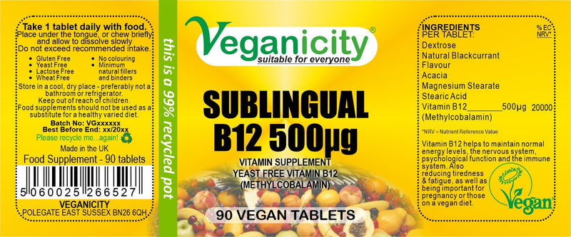 Veganicity B12 500�g Sublingual (Blackcurrant Flavour) : Vitamin B12 Supplement : 90 Tablets, in a Planet-Friendly 99% Recycled Pot - BeesActive Australia