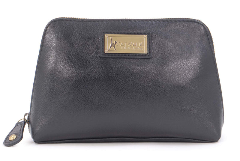 CATWALK COLLECTION HANDBAGS - Women's Vintage Leather Cosmetic Clutch / Makeup Pouch / Travel Beauty Bag - Emma - Black - BeesActive Australia