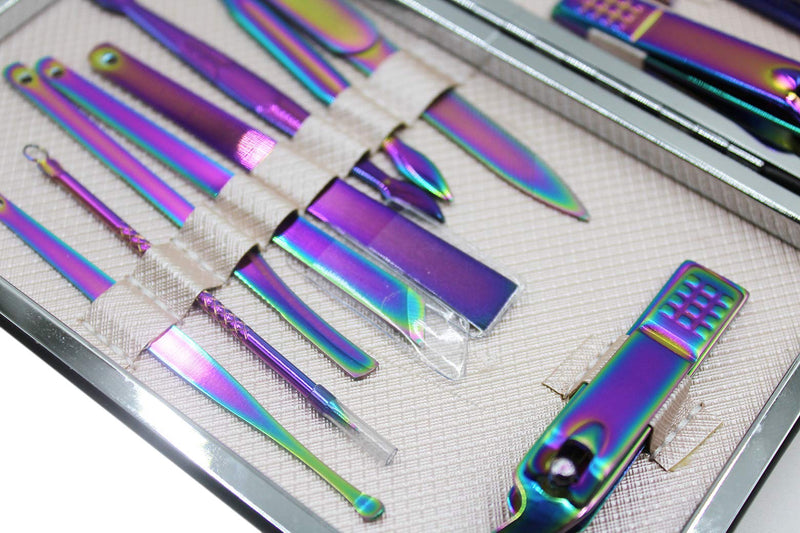 Holographic Manicure Set Nail Clippers 15 Pcs Stainless Steel Professional Grooming Kit Pedicure Tools Travel Case for Women Purple - BeesActive Australia