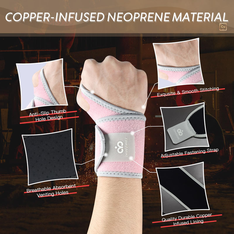 INDEEMAX Copper Carpal Tunnel Wrist Brace 2 Pack, Adjustable Wrist Support for Pain Relief, Arthritis, Tendonitis, Men and Women Compression Wraps Straps for Right and Left Hand Bands 3 Piece Set Pink - BeesActive Australia