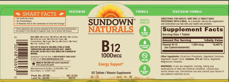 Sundown Vitamin B-12 High Potency 1000 mcg, 60 Tablets (Pack of 3) - BeesActive Australia