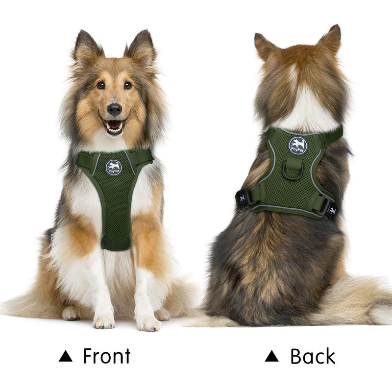 PoyPet Reflective Soft Breathable Mesh Dog Harness Choke-Free Double Padded Vest with Adjustable Neck and Chest Medium Military Green - BeesActive Australia