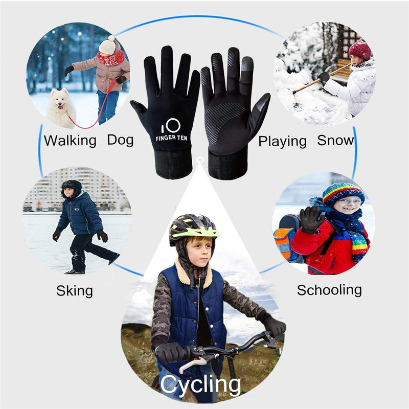 FINGER TEN Winter Gloves for Kids Touchscreen Boys Girls Running Cycling Pair, Youth Lightweight Warm Thermal Touch Screen Gloves for Texting Hiking Skating Black X-Large - BeesActive Australia