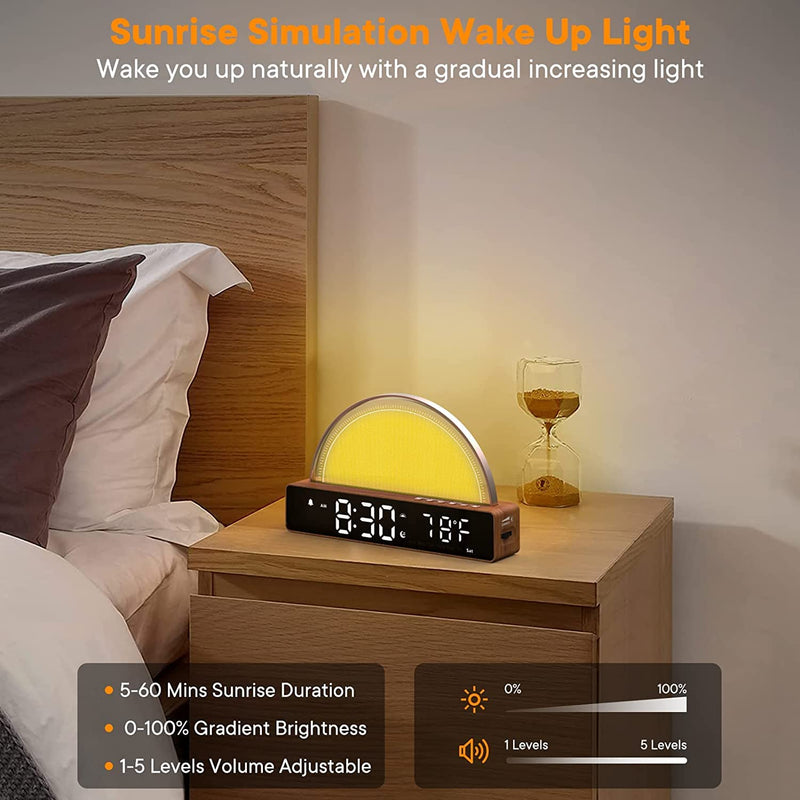 AFEXOA Sunrise Alarm Clock, Wake Up Light with Sunrise Simulation, White Noise Machine, Touch Control Bedside Lamps Dimmable Multicolor Night Light, 10 Nature Sounds, Snooze/Timer/Temperature Display Wooden - BeesActive Australia