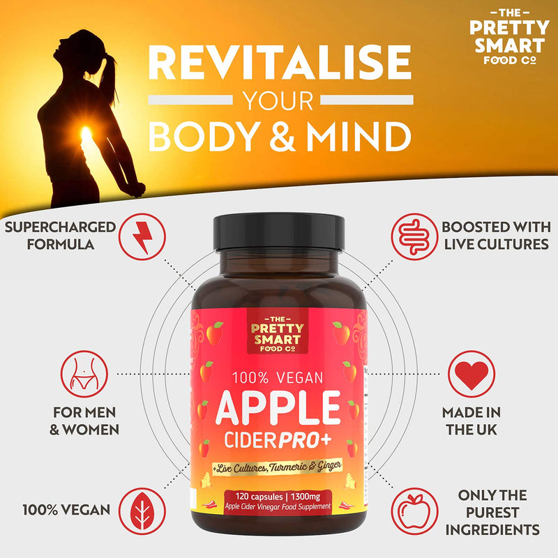 Apple Cider Vinegar Capsules - Boosted with Vegan Live Cultures, Turmeric & Ginger - Raw & Unfiltered ACV Complex - 1300MG Dosage - 120 Capsules - Made the UK - BeesActive Australia