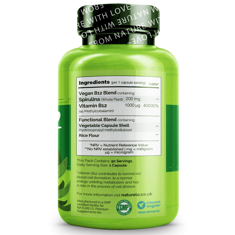 NATURELO Vegan B12 with Organic Spirulina - Best Natural Supplement for Energy, Metabolism and Stress - High Potency 1000 mcg B12 (Methylcobalamin) - Non GMO, Gluten Free - 90 Mini Capsules - BeesActive Australia