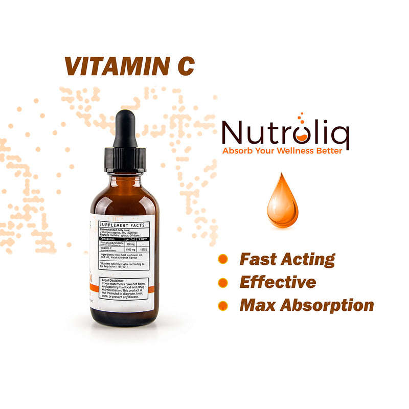 Nutroliq Liposomal Vitamin C Liquid Drops - Vegan Supplements for Men & Women's Health - Helps Boost Immune System - Quick-Absorbing, 2000mg Per Serving, Natural Orange Flavour - 60ml Glass Bottle - BeesActive Australia